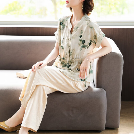 Giordano轻奢妈妈款洋气夏装短袖衬衫上衣中老年人女装夏季雪纺恤睡衣上装 tm-723绿色单上衣 10XL l建议85-100斤