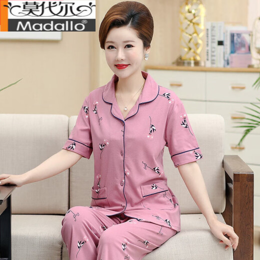 莫代尔中老年人妈妈睡衣女夏季纯棉短袖长裤中年女士开衫套装薄款家居服 YR9928 M 【建议75-95斤】