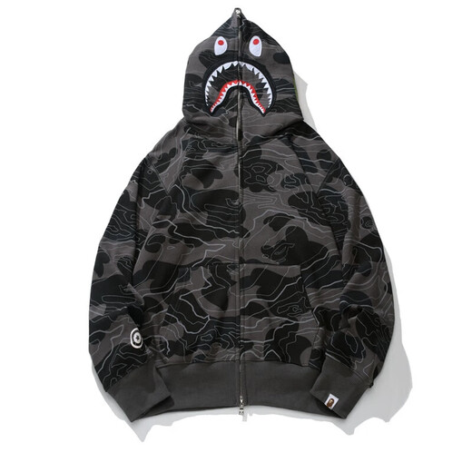 BAPE trendy brand ape man head camouflage loose men and women versatile shark double hat zipper cardigan sweater hooded jacket 6173 black M