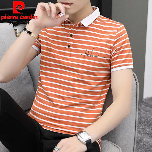 皮尔卡丹（pierre cardin）夏季短袖T恤男2025新款带有领体恤纯棉条纹上衣服衬衫领半袖T桖男 6636 白色 3XL 150-165斤