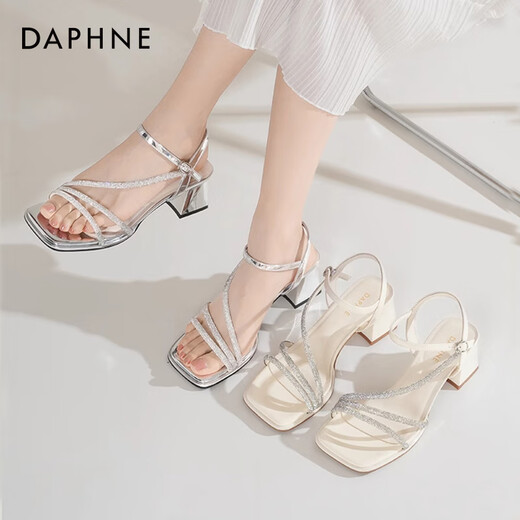 Daphne Silver High Heel Sandals for Women 2025 Summer Nuevas sandalias francesas de diamantes de imitación con temperamento de falda Sandalias de tacón alto para mujeres IMBRANTE DE SILVER [5.5 cm de espesor] ​​37