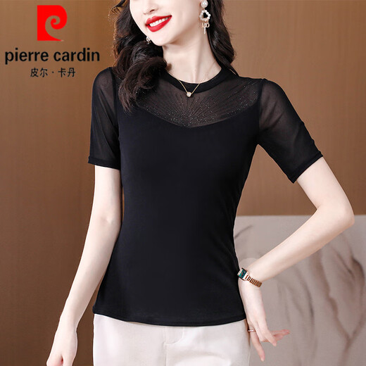 皮尔卡丹（pierre cardin）网纱打底衫女短袖t恤女2025新款夏季黑色妈l妈装小衫修身蕾丝上衣 黑色 A1585【短袖】 2XL