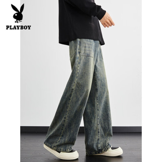 花花公子（PLAYBOY）闪电纹水洗牛仔裤男夏季新款复古宽松直筒阔腿裤潮牌高街美式裤子 1049黑渐变 M