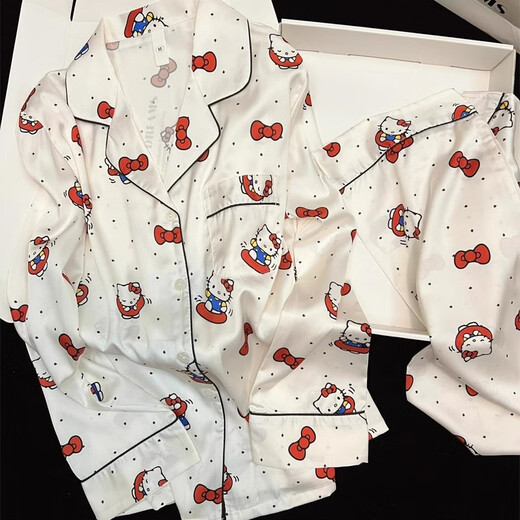 美黛遇HelloKitty甜美冰丝睡衣女春秋款可爱卡通长袖夏天薄款家居服套装 KDJ_834-3#开衫双长 白色KT猫 XL