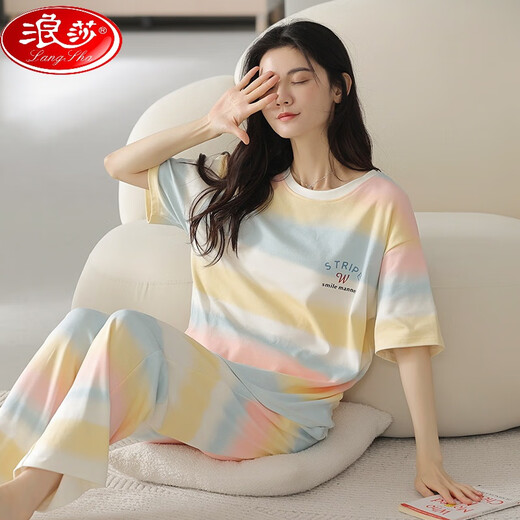 浪莎（LangSha）纯棉睡衣夏季短袖长裤全棉卡通夏天可外穿春秋款家居服套装 YZT9715 短袖长裤 M (80-100斤)