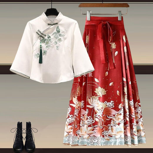 S.SOFEA薄荷绿新中式汉服连衣裙女夏季新款国风马面裙套装 汉服上衣+1289粉色马面裙 两件套 L 建议100-120斤