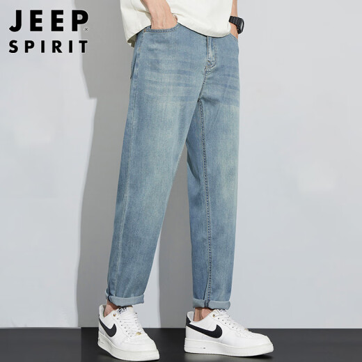 JEEP SPIRIT吉普冰丝牛仔裤男士夏季潮牌直筒天丝九分弹力裤子 复古蓝 32
