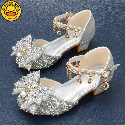 G.DUCKKIDS girls silver princess shoes bag toe bow little girl crystal shoes rhinestone soft sole dress skirt children's high heels silver (9922-7 small heels) 26 / shoe length 16.5c
