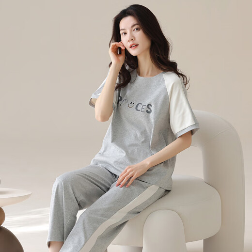 女士短袖纯棉睡衣套装夏季长裤家居服韩版薄款可外穿夏天卡通 Y9717 M (建议75-95斤)