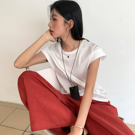 NJSKAKW爱与南希十三行2024夏原创新款圆领全棉小飞袖多色短袖T恤女12401 纯净白 均码