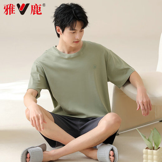 Yalu men's pajamas men's summer thin short-sleeved cotton can be worn outside casual large size boys' home wear suit 42M13601 2XL recommended weight 140-160Jin Jin equals 0.5 kg