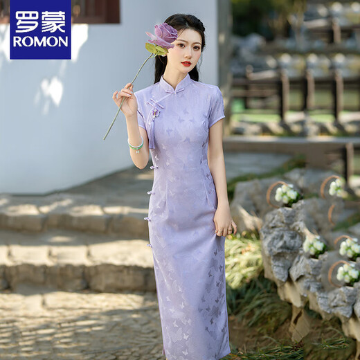 Luo Meng Marke lila Spitze lange verbesserte Cheongsam 2025 neuer Stil junge Frauen Nationalstil Retro Slim Fit Alltagskleidung 18861 lila S