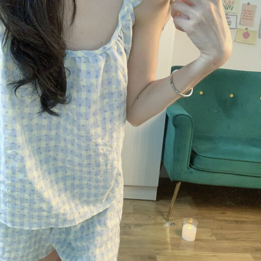 芳嫔初中女生睡衣夏季韩系格子碎花款甜美舒适吊带学生家居套装 6198-吊带蓝格碎花 M