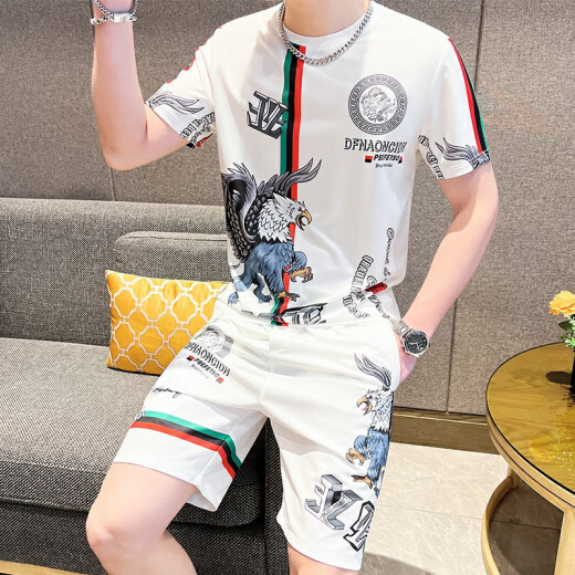 GTYUWVG2025夏季冰丝套装男士潮牌潮流短袖欧货男装夏装迷彩T恤衣服 829卡其色套装 M  适合85-105斤