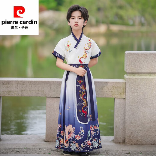 Pierre cardin Hanfu boys summer 2025 new ancient costume boys short-sleeved Chinese style thin children's ancient style Chinese language performance costume MS-9858 [Blue Dragon] Pay attention to priority delivery 120 [weight 32-40 Jin [Jin equals 0.5 kg]]