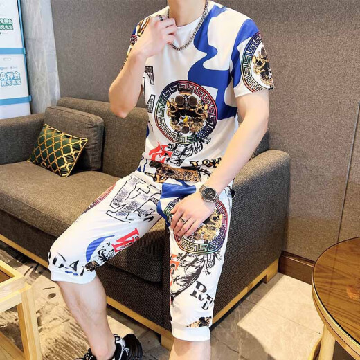 GTYUWVG2025夏季冰丝套装男士潮牌潮流短袖欧货男装夏装迷彩T恤衣服 829卡其色套装 M  适合85-105斤