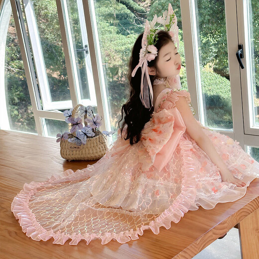 Ant-Patio Girl Princess Lolita Robe 2025 Nouveau d'été Children's Flower Fairy Dress Girl's Birthday Robe Pink (6630 Flower Fairy Robe + Jirt Support) 120 Recommandé 5-6 ans (hauteur environ 115)