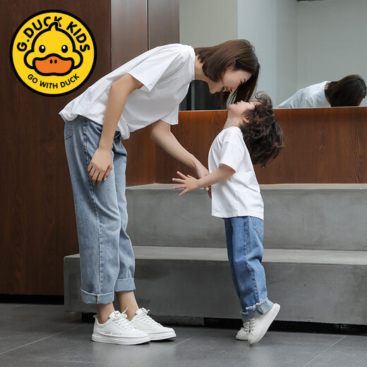 G.duck little yellow duck parent-child T-shirt boys and girls pure cotton bottoming shirt family portrait beach parent-child wear summer short-sleeved mother-child white 130 children's T-shirt
