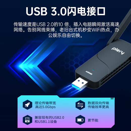 PLERY U160 Tarjeta de red inalámbrica USB WiFi6 Receptor WiFi inalámbrico AX300 sin controlador inteligente Computadora portátil de escritorio Transmisor de red host externo Lanzadera de luz/Qiongjie AX5400 tribanda/WiFi6/modelo de pared