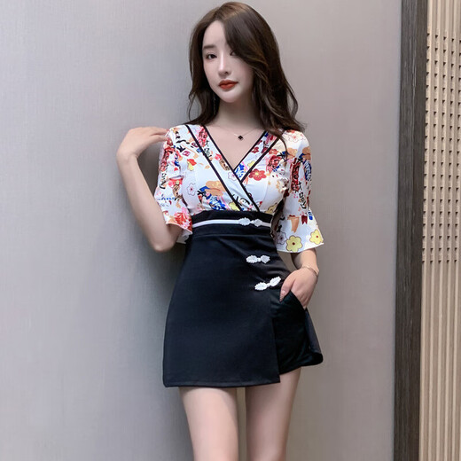 A 21 FUNB新款减龄足疗店女技师工作服时尚印花连衣裙显瘦气质沐足按摩套装 1391黑色 S