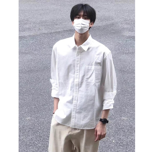 Мужская рубашка с длинными рукавами Digada на весну и осень, однотонная, свободная и универсальная, американская простая красивая повседневная рубашка-рубашка, низ топа ORH-C12, белый 2XL (размер слишком мал, рекомендуется увеличить его на один размер)