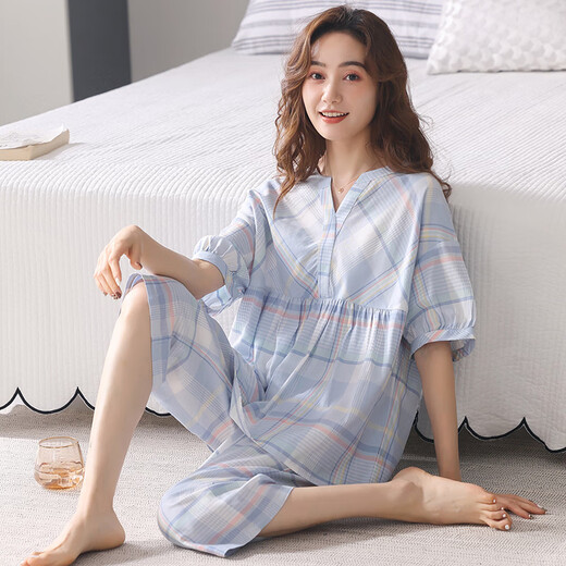 Modal woven cotton pajamas for women in summer thin short-sleeved cropped pants gauze summer home clothing suit cardigan S2--5012 yellow (cropped pants) L (recommended 100-120 Jin [Jin equals 0.5 kg])