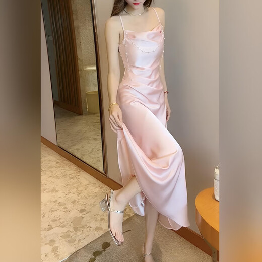 依慕琪洋气吊带连衣裙纯欲风修身显瘦法式鱼尾高级感气质轻奢礼服连衣裙 杏色吊带连衣裙 L 均码
