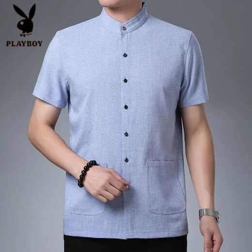 花花公子（PLAYBOY）爸爸夏装宽松薄款衬衣夏季中老年男士短袖衬衫中国风立领半袖衬衫 9201 浅灰 M 165【100-120斤】