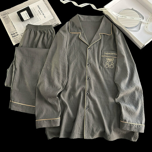 冉艺岚韩版简约云朵棉睡衣男士春秋季长袖开衫青年休闲可外穿薄款家居服 12401# 10XL l码建议100-120斤