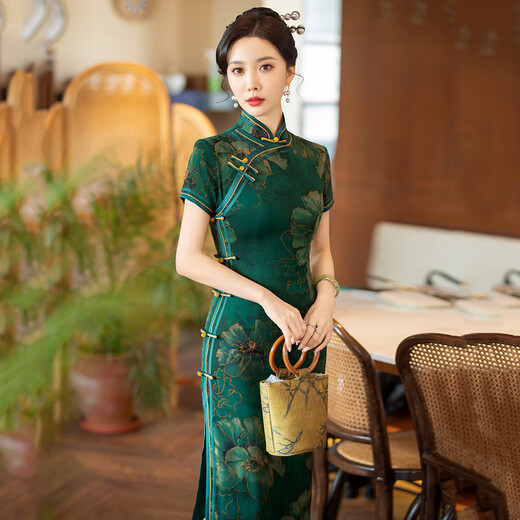 康美诗绿色国风长款改良旗袍2025新款女中式复古修身气质妈妈装日常可穿 17060红 2XL