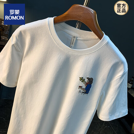 罗蒙（ROMON）印花男款T恤潮流抽象艺术感夏季短袖大码宽松精梳棉舒适T恤衫 白色 【JSW9926】 M 适合90-108斤穿
