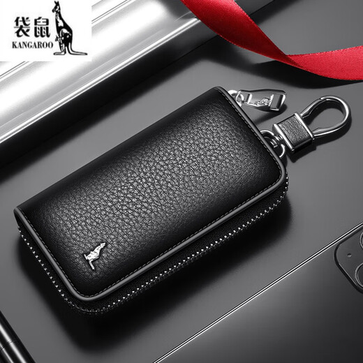 袋鼠男士钥匙包真皮新款随身锁匙包多功能牛皮汽车钥匙收纳包 黑色