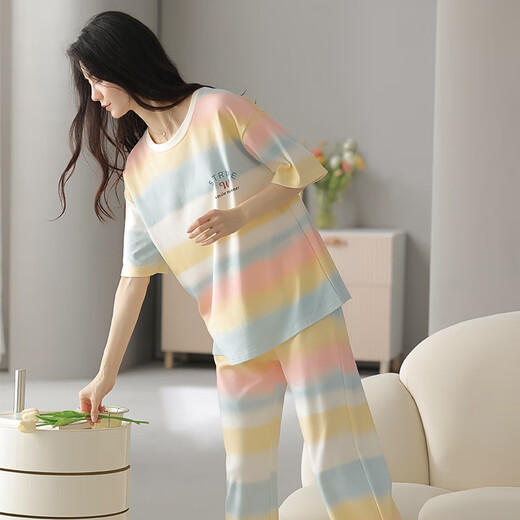 夏季女士短袖睡衣套装纯棉长裤家居服全棉可外穿夏天条纹卡通 Y9721 M (建议75-95斤)