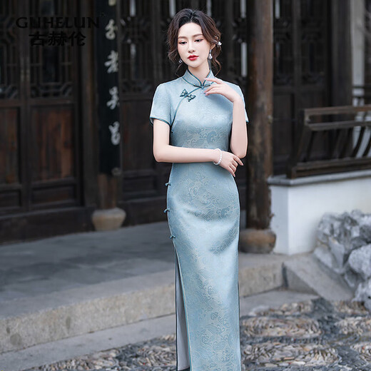 GUHELUN new Chinese style mulberry silk cheongsam slim long 2025 summer new national style elegant young mother style cheongsam dress blue 3XL