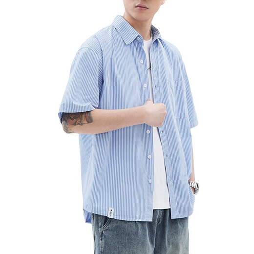 细条纹紫色美式短袖衬衫男夏季薄款2025新款小贴袋五分袖工装衬衣 紫色 Z983 XL 【130-150斤】
