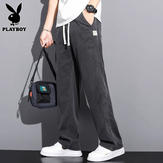 花花公子（PLAYBOY）冰丝牛仔裤男士休闲裤夏季款宽松直筒阔腿长裤子男裤 1048 蓝色 M 推荐90-110斤