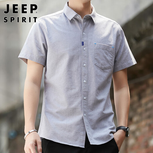 JEEP SPIRIT吉普短袖衬衫男夏季韩版休闲衬衣男士简约外套男装 浅灰 XL