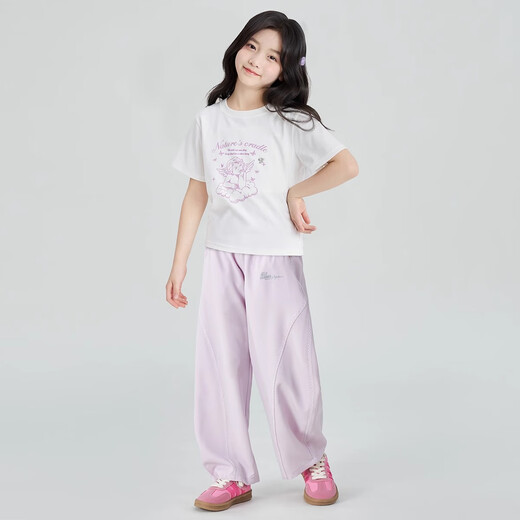 艾卡诺 I.KARNOW女童冰丝裤子夏装2025新款儿童凉感休闲弯刀阔腿裤大童夏季防蚊裤 【两件套】19017白色+15251紫裤 120