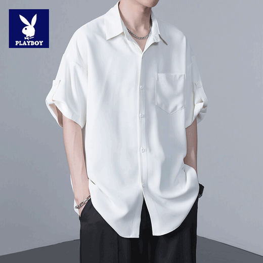 Playboy short-sleeved shirt men's spring and summer thin ice silk cool loose trendy brand Hong Kong style handsome casual drape long shirt 10313/24175 white L