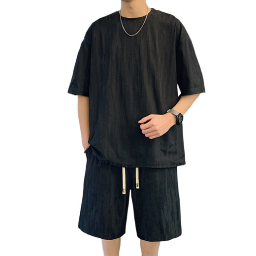 Bunte Edelsteins Sommer Neue American Casual Sports Set Herren zweier Kurzarmshorts cool und hübscher Kleidung 2025 2546-826 Schwarzer Set M ca.