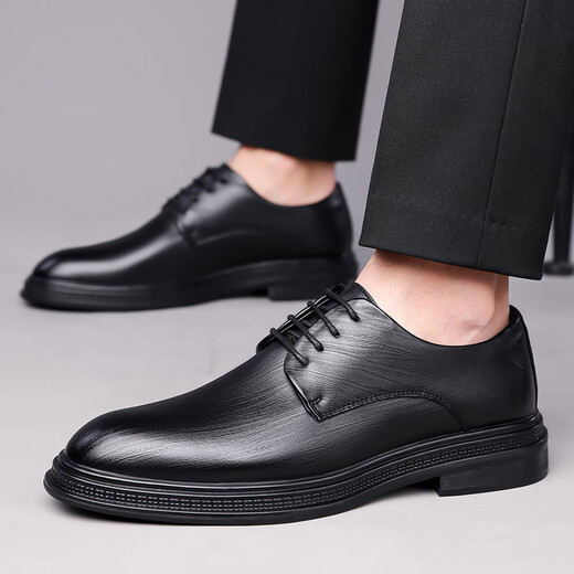 Portures leather shoes men's lace-up business casual shoes fashionable striped commuter formal shoes wedding shoes for men 1768 black 39
