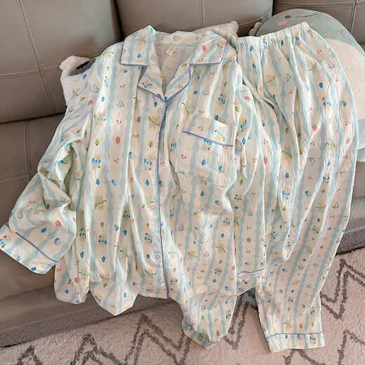 荣西图（RONGXITU）云朵棉睡衣女长袖长裤宽松大码家居服套装 826#蓝竖条花朵 170 M