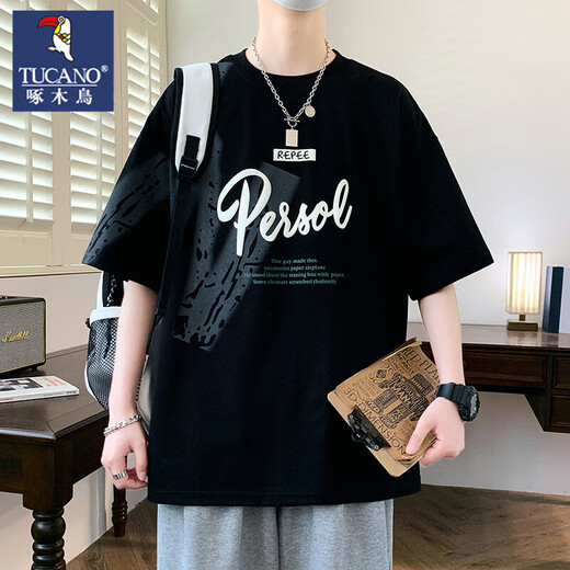 Woodpecker Short-sleeved T-shirt Men's Summer Trend Brand Letter Print Round Neck Half Sleeve American Casual Cotton Rotary Sleeve Loose T-shirt 693 Beige XL [Suggested 120-140Jin [Jin equals 0.5 kg]]