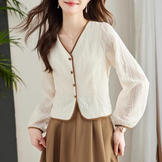 Pushui Square und vielseitige Mode koreanisches französisches Hemd Design 2025 Lose und modisches Oberteil mit einzigartigem Temperament langärmeliges Hemd 1049# Khaki M Empfohlen 95-110jin [Jin ist 0,5 kg]