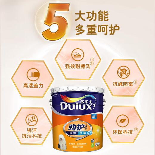 多乐士（Dulux）劲护竹炭瓷洁抗菌五合一A8145耐擦洗抗污科技内墙面漆18L【白漆】