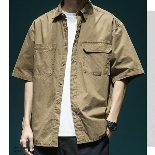 S.Sofea Retro Schwergewichtiges Waschen mehrerer Taps kurzärmeliges Hemd für Herren Sommer Amerikaner Lose großer Arbeitshemd vielseitig Blau (1289) 2xl