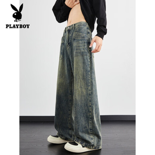 花花公子（PLAYBOY）闪电纹水洗牛仔裤男夏季新款复古宽松直筒阔腿裤潮牌高街美式裤子 1049黑渐变 M