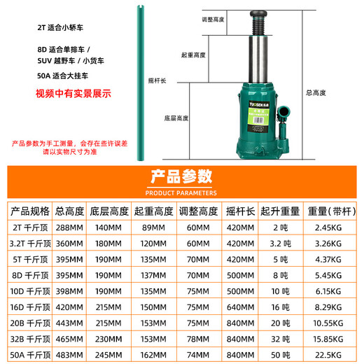定制五金起重工具液压车载2t千斤顶手摇式立式换胎50t油压千斤顶 14087，3.2t千斤顶，5个/件，3.262