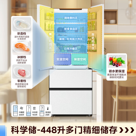 Midea M60 series 470 French multi-door refrigerator 448 liters ultra-thin zero-embedded sterilization and odor-free first-class energy efficiency frost-free white MR-470WUFPZE national subsidy