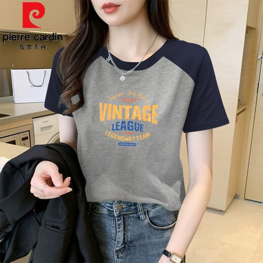 Pierre cardin short-sleeved T-shirt for women 2025 new summer raboss sleeves pure cotton unique fashionable slim top design 1476 flower gray/Prince blue raboss short-sleeved (black print S 80-100Jin [Jin equals 0.5 kg]